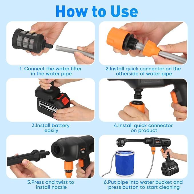 Portable Cordless Pressure Washer, 600PSI Brushless Handheld Wash Machine | 3.0Ah Rechargeable Battery Powered Pressure Washer, 6-in-1 Nozzle with Standard Nozzle for Car Floor Wall Fence Pet Cleaning