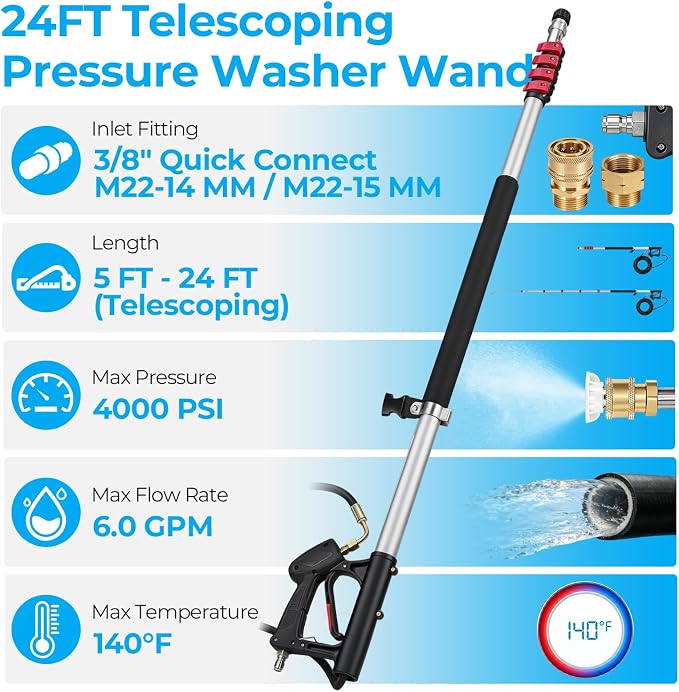 Gutter Cleaning Tools 24 FT Pressure Washer Telescoping Wand with 3 Extension Wands, Gutter Cleaner Attachment, Brush Head, 5 Spray Nozzle Tips, 3 Hose Adapters and Adjustable Support Belt