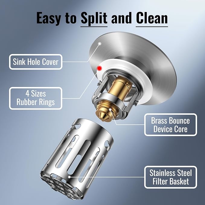 5-in-1 Bathroom Sink Stopper, 2 Pc Pop-Up Sink Drain Strainer with Removable Bascket, Anti-Clog Strainer, Odor Blocking & One-Way Flow Design, Brass & Stainless Steel All Metal Made, Fit 1.1"–2.36"