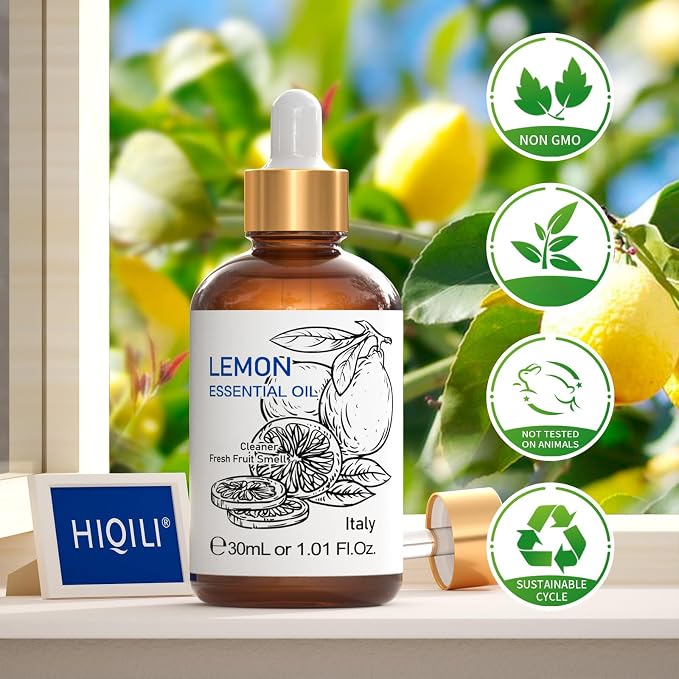 HIQILI Lemon Essential Oil for Cleaning, Diffuser & Skin | Creates a Fresh and Clean Atmosphere for Kitchen, Bath and More, Removes Odors and Stubborn Residue -30mL / 1.01 fl oz