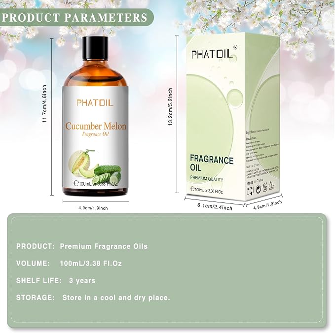 PHATOIL Cucumber Melon Fragrance Oil for Diffuser Aromatherapy 3.38FL.OZ | Long Lasting Scented Oils For Humidifier, Air Freshener, DIY Soap Candle, Scent Project Making, Aroma Oil for Home Freshening