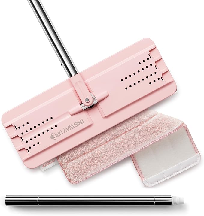 JOYMOOP Flat Mop, Microfiber Cleaning Pad for Floor Cleaning, 60" Long Handle with Flexible Mop Head, Pink