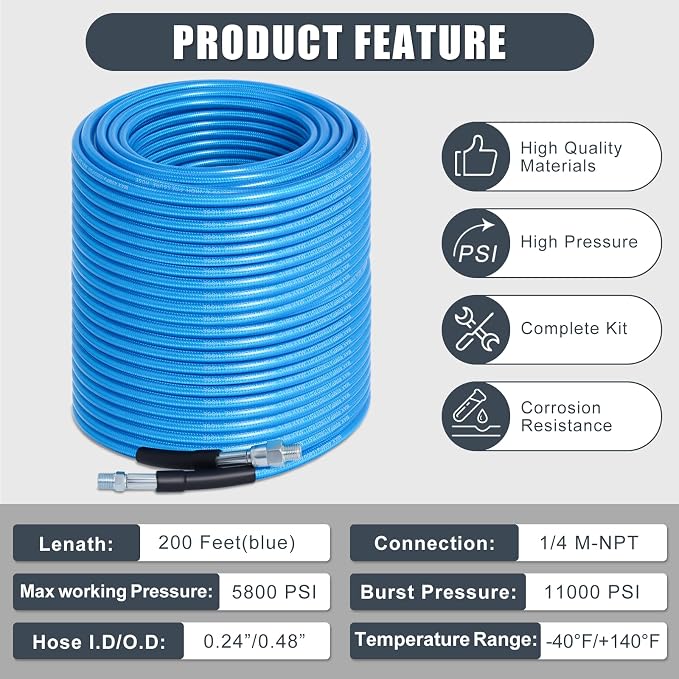 200FT Sewer Jetter Kit for Pressure Washer 5800PSI Drain Cleaner | 1/4" NPT Sewer Hose with 4 Jetting Nozzles for Long Reach Drain Cleaning, Includes Tools and Accessories