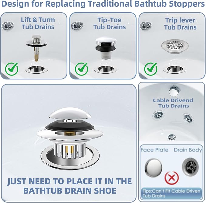 Universal 3 in 1 Bathtub Drain Stopper Bathtub Drain Hair Catcher, Pop-up Tub Stopper with Effective Filter Basket, Anti-Clogging Bathtub Drain Plug Bath Tub Stoppers for 1.45-1.8" Drain Shoe