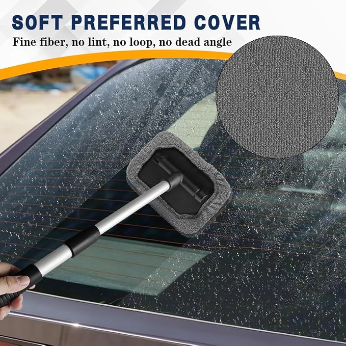 Windshield Cleaning Tool, Car Window Cleaner, Vehicle Window Cleaner with Extendable Handle & 2 Washable Microfiber Pads, Car Interior Glass Wiper Cleaning Kit for Most Vehicles (Grey)
