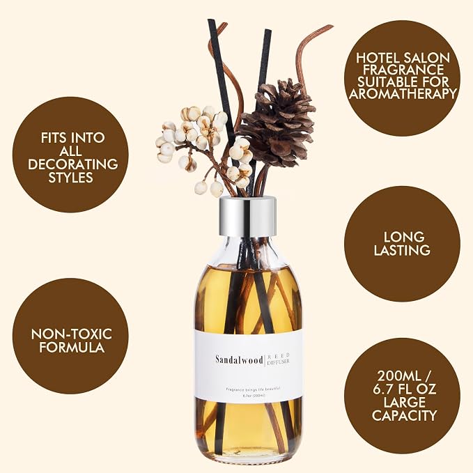 Clesh Reed Diffuser Set, 6.7 oz Sandalwood Scented Diffuser with Sticks, Home Fragrance Reed Diffuser for Bathroom Shelf Decor