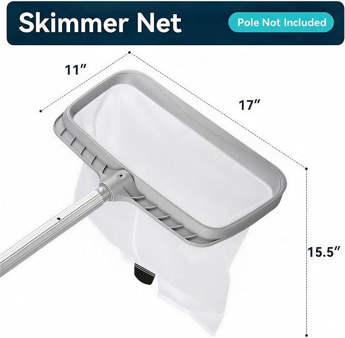 Professional Pool Skimmer Net, Heavy Duty Gray Frame with 15.5" Deep Fine Mesh Bag for Leaves, Twigs & Floating Debris, Reinforced Leaf Rake for Inground and Above Ground Pools (No Pole)