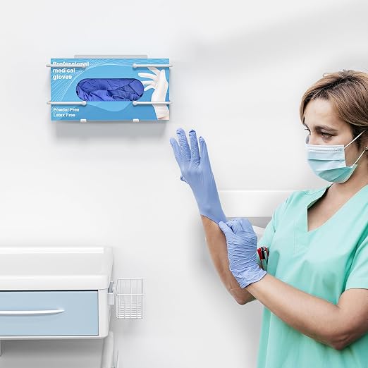 Glove Box Holder, Adhesive Wall-Mounted Metal Dispenser, White | Tool-Free Adhesive Wall Mount Metal Glove Box Holder for Latex Rubber Gloves, Facial Tissues and Wipes Storage