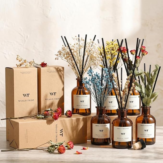 Bamboo Scent Flower Reed Diffuser Set for Bathroom Air Fresheners, Oil Diffuser Sticks | 4.0 fl oz Home Fragrance with Sticks Defusers | House Bedroom Office Shelf Decor