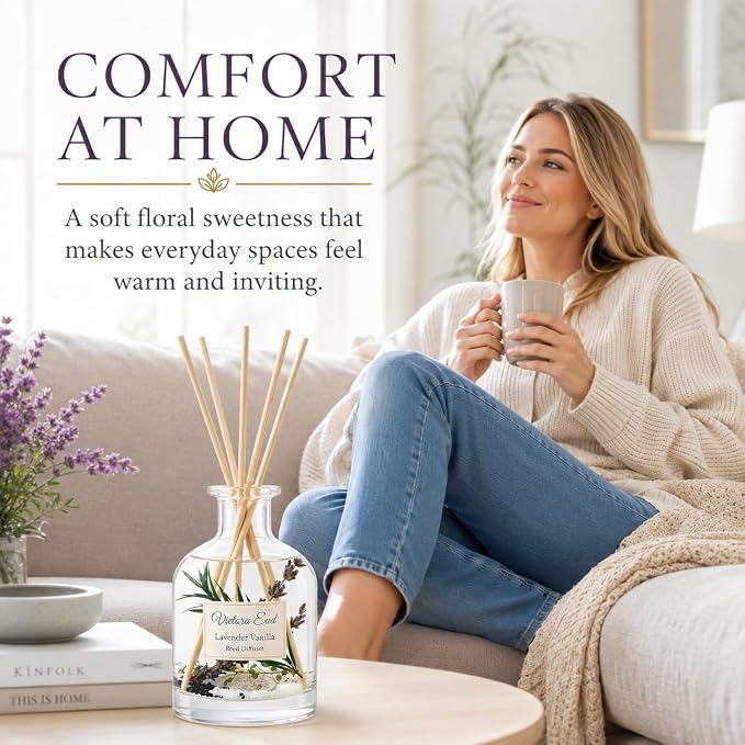 Lavender Vanilla Reed Diffuser, 3.4 Fl Oz | Long-lasting Air Fresheners for Bedroom, Bathroom, Living Room or Office; Gift-ready.
