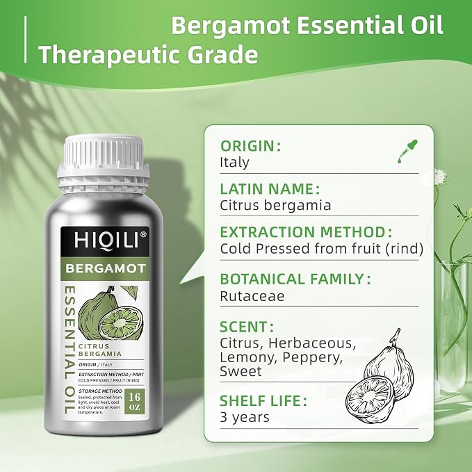 HIQILI Bergamot Essential Oil Large Capacity for Hotel, Beauty Salon, SPA | Creates Soothing & Calming Atmosphere for Home & Office, Calms Your Mind, and Works for Skin, DIY & More -500ml / 16 fl oz