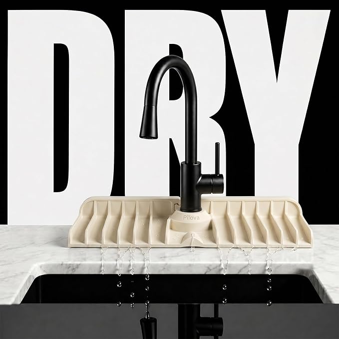 Premium Kitchen Sink Splash Guard – 18" x 5.7" Silicone Faucet Mat with Secure Pressure Clip, True 10° 3D Drainage(No Pooling), Anti-Lift Design, Flexible Leak-Sealing Ring, Non-Slip Fit Behind Faucet