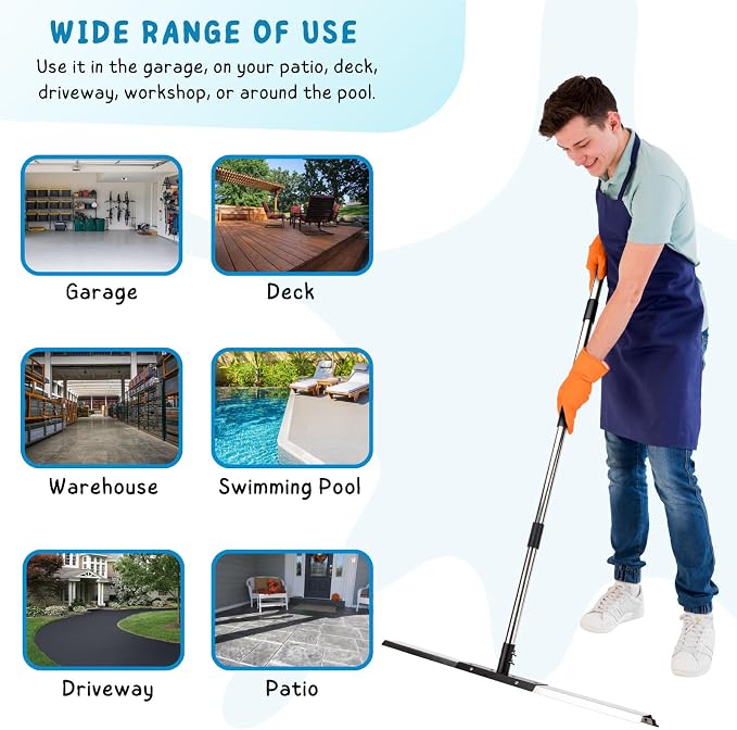 Floor Squeegee for Concrete Water Removal, 31'' Large Heavy Duty Water Pusher with Splash Guard for Garage, Deck, Driveway, Pool, Patio, Tile, 55.5’’ Long Handle Commercial Outdoor Rubber Squeegees