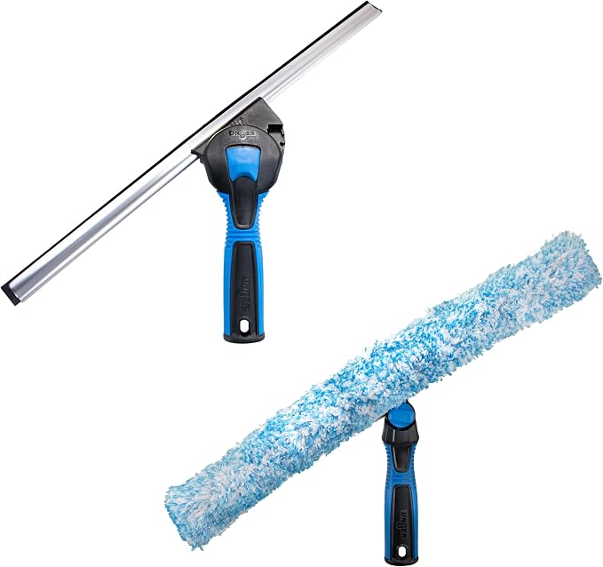 Unger Professional Connect & Clean 18" Window Scrubber Washer for Glass Cleaning and 18” Window and Glass Cleaning Squeegee with EZ Change, Swiveling Head for Corners and Edges