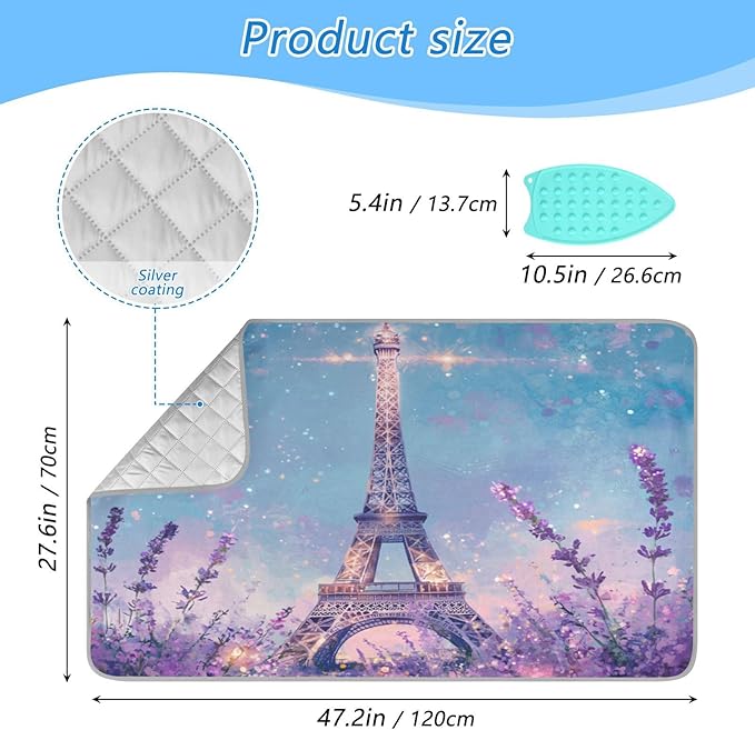 Ironing Mat Portable Ironing Pad Ironing Blanket for Table Top Heat Resistance Double-Side Using Travel Large 47.2 x 27.6 Inch Foldable Lightweight Lavender Eiffel Tower Purple