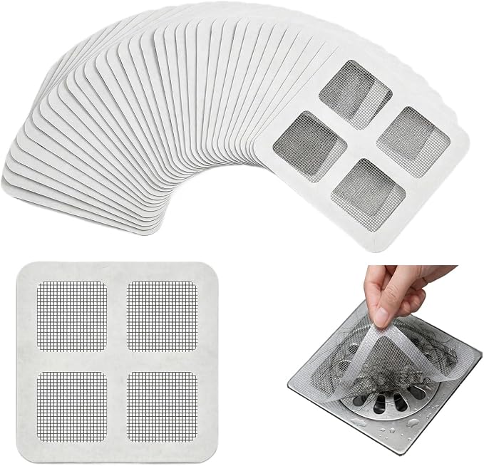 50 PCS Disposable Shower Drain Hair Catcher Stickers, Adhesive Mesh Trap | Self-Adhesive Mesh Traps Hair, Lint and Debris While Water Flows, Peel, Stick and Toss, for Flat Tub, Sink, Laundry Drains