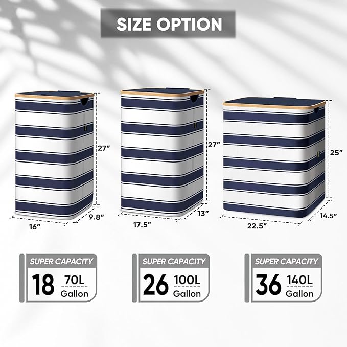 BALEINE Laundry Hamper with Lid, Tall Laundry Baskets with Bamboo Pull Handles, Large Laundry Bin with Internal Support (36 Gal/140L, Blue Stripe)