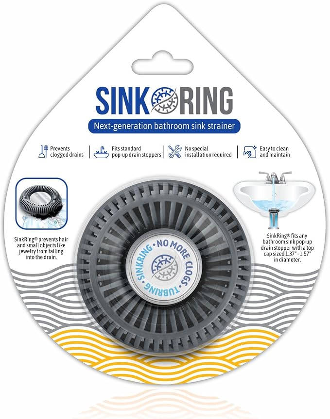SinkRing Bathroom Sink Drain Protector & Strainer for Stoppers, Charcoal | Easy snap-in design. Precision clog-free trap prevents loss of earrings, jewelry or contacts. Fits 1.37" - 1.57" stoppers.