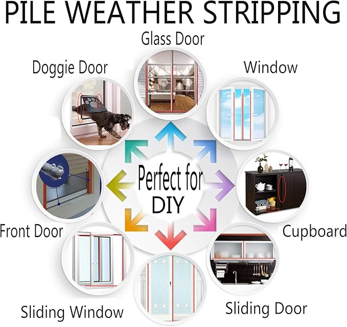 Weather Stripping Brush for Sliding Windows/Doors Frame Side,Pile Self Adhesive Weatherstrip Seal Strip Sealer Draft Stoppers (33ft x11/32 Backing x 3/16 Brush inch, Grey)