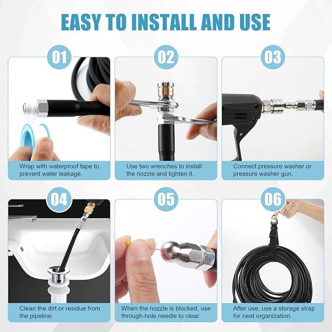 Sewer Jetter Kit for Pressure Washer, 50FT 5800PSI Drain Jetter Hose Kit | Drain Cleaner Hose Kit with 4 Jet Nozzles, Rotating Nozzle, 1/4" NPT Sewer Jetter Nozzle for Drain Pipes, Sewer Lines Gutter