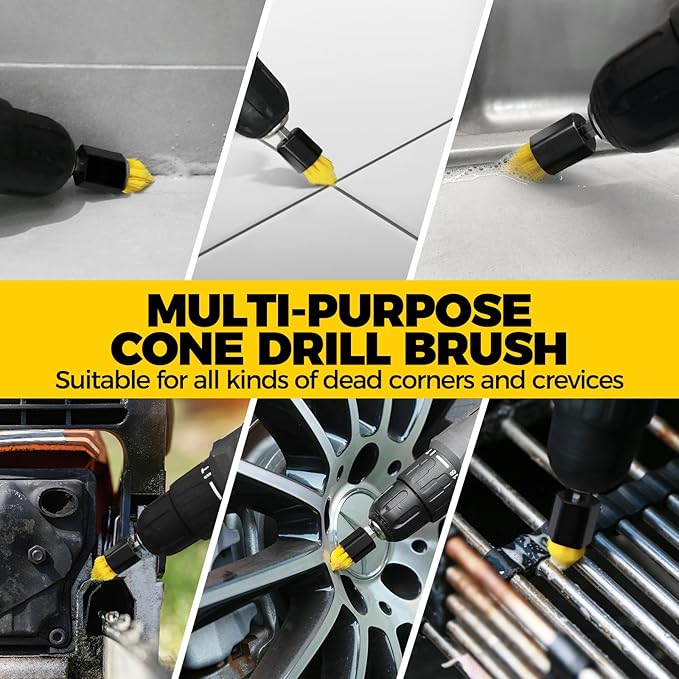 Holikme 6Pc Drill Brush Set - Soft Bristles with Extension for Home Clean | 5 Head Sizes, Yellow Nylon Fibers, Power Scrubber Attachments for Tile, Tub, Shower, Floors, Kitchen and Auto Interior Care