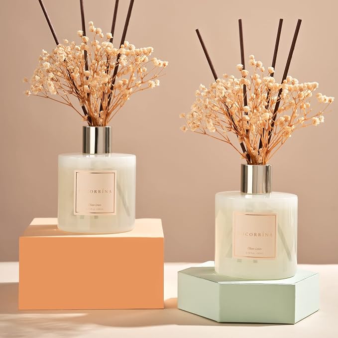 Reed Diffuser Set, 6.7 fl.oz Clean Linen 2 Packs Scented Diffuser with Sticks Home Fragrance Reed Diffuser for Bathroom Shelf Decor