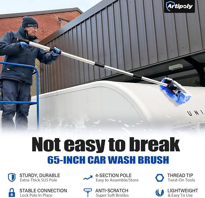 ARTIPOLY 65'' Five-Sided Car Wash Brush with Long Handle, Scratch-Free Car Cleaning Kit with Soft Wash Brush, Tire Brush, Window Squeegee, Car Wash Mitt, Microfiber Cleaning Head & Extension Pole