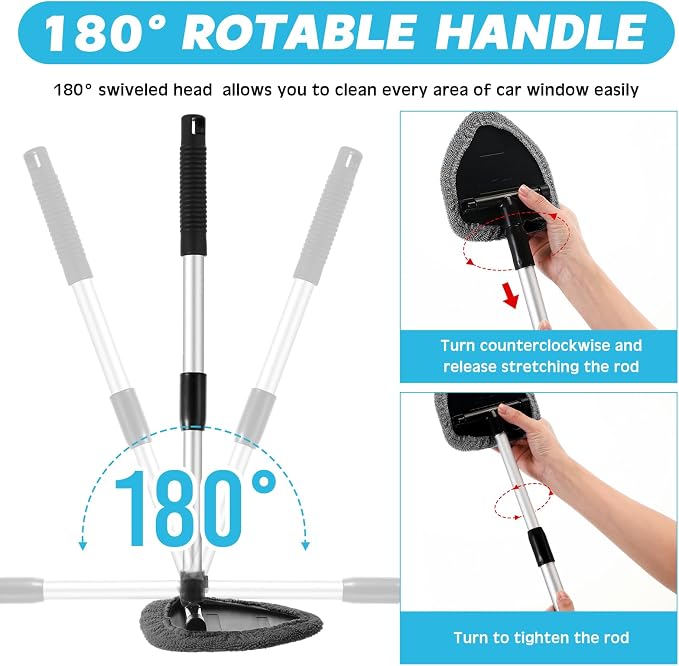 Potchen 8pcs Car Windshield Cleaner Tool with Extendable Handle, Grey | with Microfiber Towel Pads, Brush, Empty Spray Bottle, Car Window Cleaner for Auto Glass Wiper Suvs Rvs & Home Windows