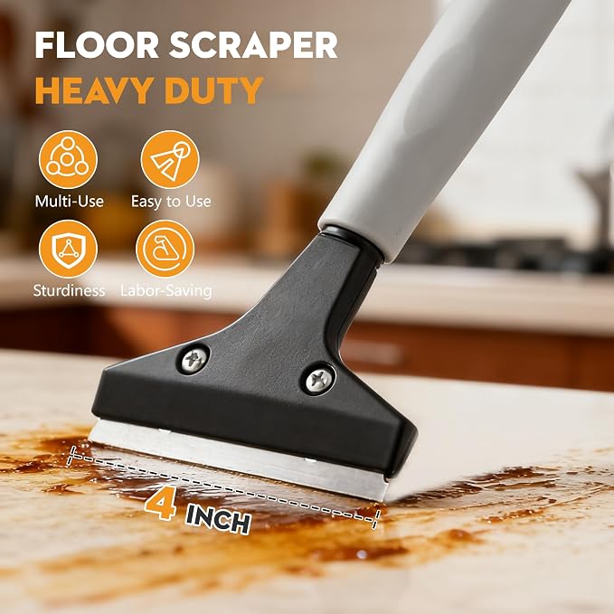 Luvenia Heavy Duty 4-Inch Razor Blade Floor Scraper, 62-Inch Long Handle | 10PCS Extra Metal Blades, Razor Scraper for Cleaning Glass, Floors，Windows, Showers, Tile, Ceilings