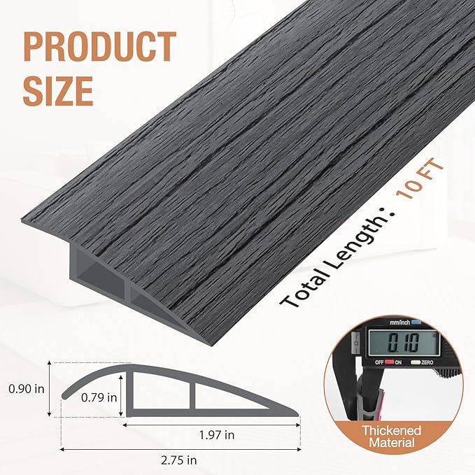 Floor Transition Strip Self Adhesive Vinyl Door Threshold for Doorways Carpet Edging Trim Overlap Edge Reducer for Laminate Floor, Carpet, Tile (Deep Gray Wood Grain, 3/5" to 4/5", 10Ft)