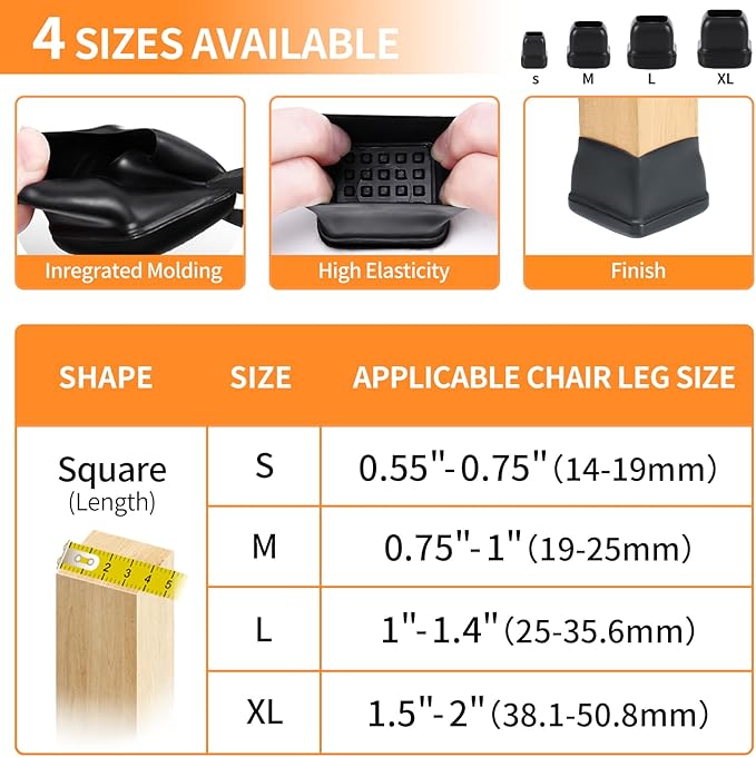 Ezprotekt 24 Pcs Chair Leg Sliders for Carpet, Square Black Teflon Furniture Glides Protectors Covers, Bar Stool Carpet Sliders Caps for Chair Table Desk Couch Legs (S Fit: 0.55"- 0.75")