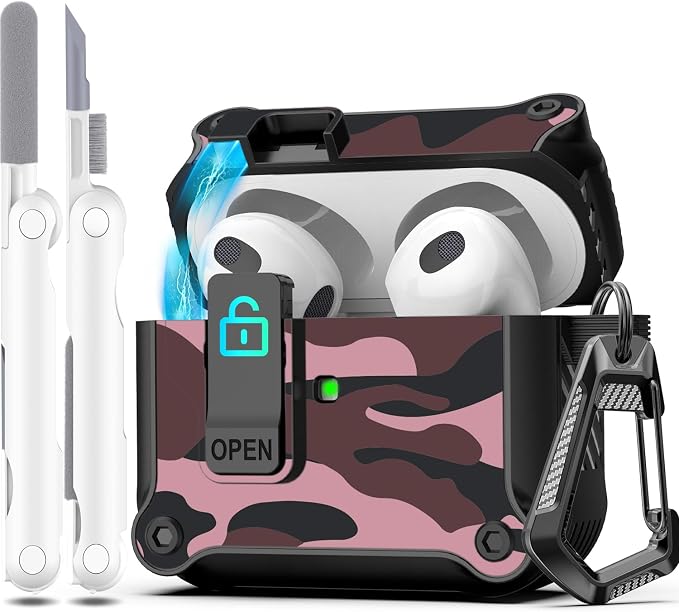 for AirPods 3 Case Cover with Lock Magnetic Lid, Camo Red | Compatible with Apple AirPods 3rd Generation (2019) Case with Cleaner Kit & Carabiner, Powerful Drop Protection