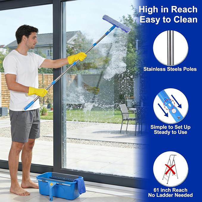 Professional Window Cleaning Kit, Window Washing Kit with 3 Gallon Bucket, 14-Inch Squeegee, 15-Inch Scrubber, 61-Inch Extendable Pole, Set of Window Cleaning Equipment for Home & Commercial Use