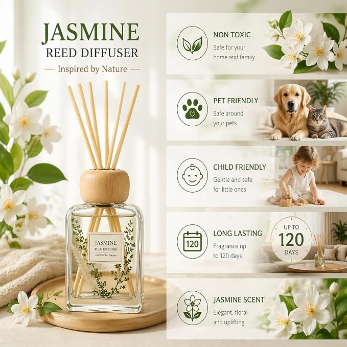Jasmine Reed Diffuser, 3.4 Fl Oz | Floral Scent Fragrance Oil Lasts for 12 Weeks Air Fresheners for Bedroom, Bathroom, Living Room or Office; Gift-ready