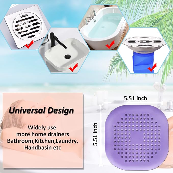 Bovinde Hair Drain Catcher,Square Cover for Shower 2 Pack (Purple) | Drainer Cover Silicone Hair Stopper with Suction Cups,Protector Accessories,Easy to Install Suit for Bathroom,Bathtub,Sink