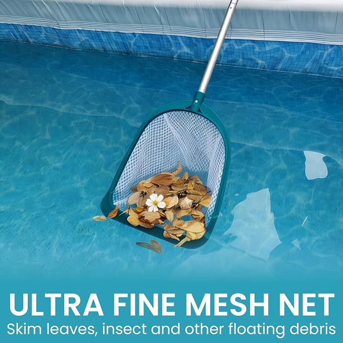 POOLWHALE Pool Skimmer Net with Adjustable 48" Aluminum Pole, Fine Mesh Medium-Depth Net for Above Ground Pools, Ponds, Hot Tubs, Spas and Fountains for Leaf and Debris Removal