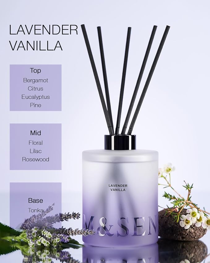 M&SENSE Reed Diffuser Set, Lavender Vanilla, 17 oz Natural Essential Oil | Non-Toxic Organic, Long-Lasting Fragrance, Ideal for Relaxation Nook, Bedroom, Gifts for Women