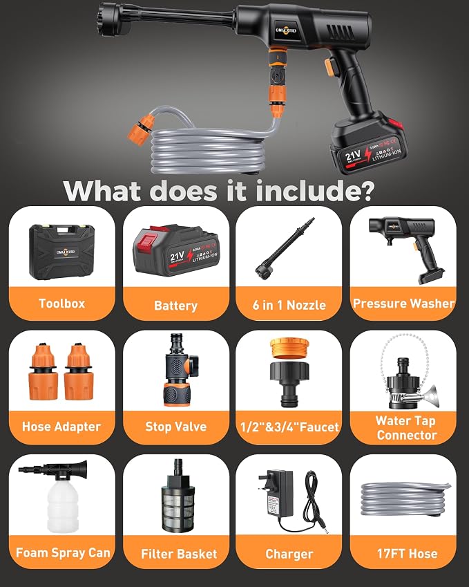 Cordless Car Washer 1250PSI Cordless Car Washer with 6-in-1 Nozzle, 17FT High-Elastic Hose,Home Portable Handheld Car Washer Cleaner
