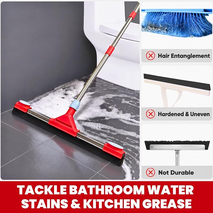 Floor Squeegee Scrubber with Extendable 62" Long Handle | 17.3" EVA Foam Blade, Reinforced Steel Frame for Garage, Concrete, Tile, Patio, Pool, Shower & Uneven Surface Cleaning