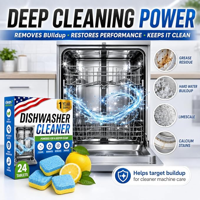 Dishwasher Cleaner Deodorizer Tablets, 24 Pack Dishwasher Cleaning Tablets Descaler Pods for Limescale, Calcium & Hard Water Stains, Lemon Dishwasher Cleaner Pods for Odor, Grease & Machine Care