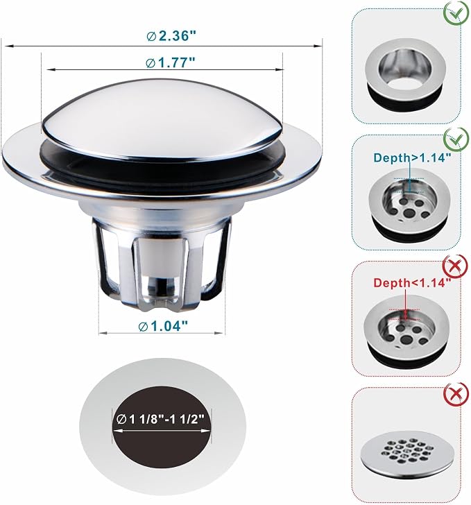 Chrome Bathroom Sink Drain Stopper,Welsan Universal Pop-Up Drain Stopper Plug Strainer with Hair Catcher for 1 1/8"-1 1/2" Drain Hole-2 Pack