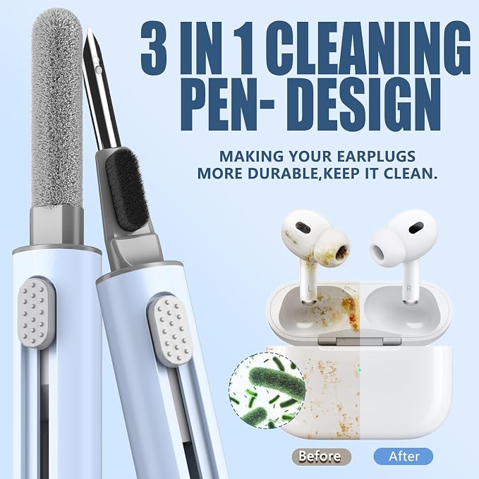 Inesore Multi Cleaning Kit for AirPods & All Bluetooth Earbuds (Blue) | 3-in-1 Design with Brush,Sponge & Metal Tip, Airpod Cleaning, Phone Cleaner, Earbud Cleaning, Electronic Device Cleaning Tool