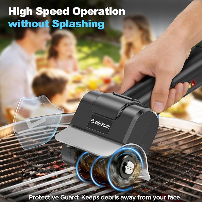 Electric Grill Brush with Dual Safety Lock. Ideal Gift for Men Dad Husband | Professional BBQ Cleaner with Submersible 304 SS Head, Splash-Proof Scrubber for Outdoor Grill (Blue Button)