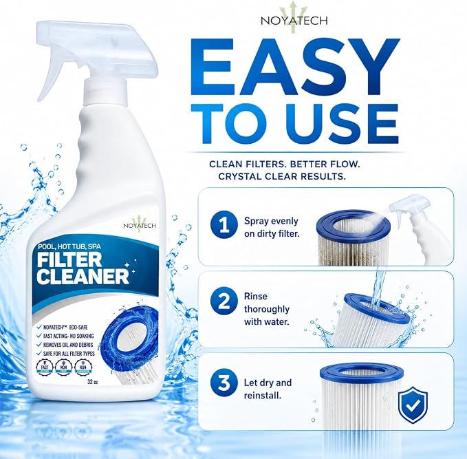 NOYATECH Pool Filter Cleaner Spray – No Soak Cartridge Cleaner for Hot Tub, Spa & Pool Filters – Removes Oil, Grease & Buildup Fast – Extends Filter Life – Gallon