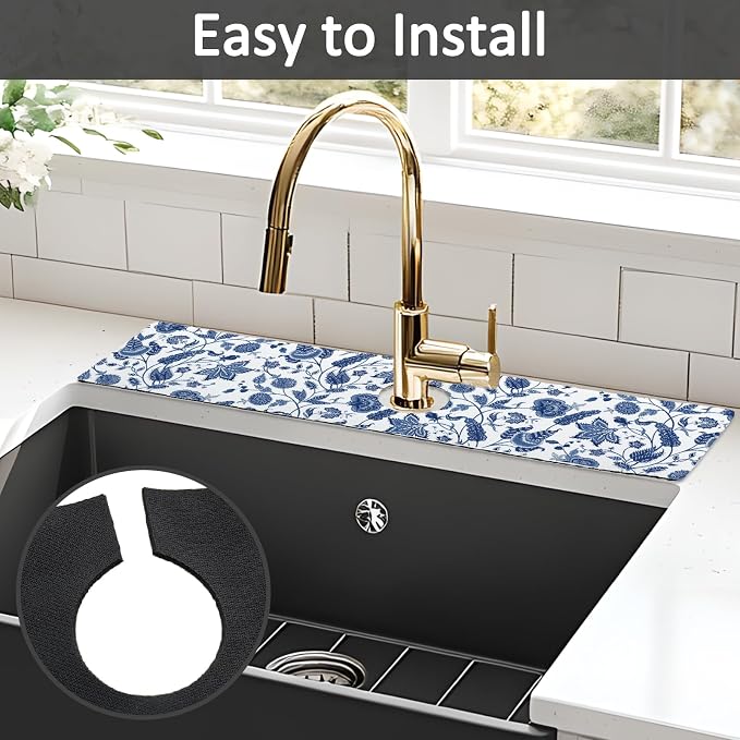 24" X 5.5" Kitchen Sink Splash Guard Faucet Mat Flora Super Absorbent Fast Drying Faucet Guard & Draining Mat Sink Splash Guard Behind Faucet for Kitchen, Bathroom