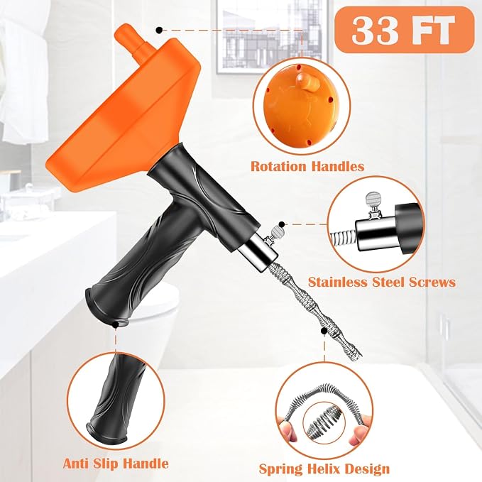Drain Snake Auger, Plumbing Snake Drain Hair Clog Removal Tool, Sink Unclogger Drain, Heavy Duty Drum Auger, Cleaner Tool for Bathroom Kitchen Tub Shower Drain Clog Remover with Gloves (33 Feet)