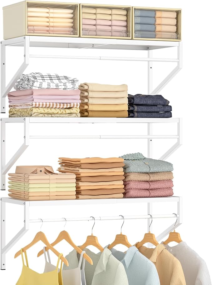 ThreeHio Expandable Closet Shelves Wall Mounted, 3 Pack Closet Shelving with Hanging Rods, Wall Shelving for Walk-in Closet, Hanging Shelves Organizer and Storage for Closet, Laundry