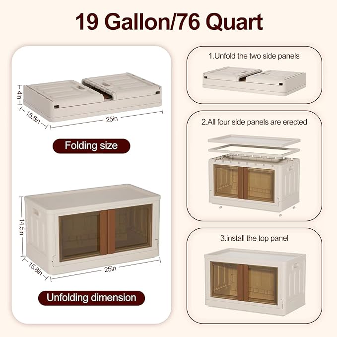 19Gal Collapsible Storage Bins with Lids & Wheels - 4 Pack Stackable with Doors, Heavy-Duty Plastic Cabinet for Home/Office, Milk White