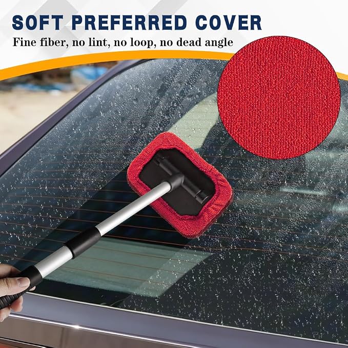 Windshield Cleaning Tool, Car Window Cleaner, Vehicle Window Cleaner with Extendable Handle & 2 Washable Microfiber Pads, Car Interior Glass Wiper Cleaning Kit for Most Vehicles (Red)