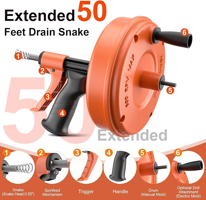 【2026 Newest】50 FT Drain Snake, Plumbing Snake Drain Auger Hair Clog Remover, Flexible Plumbing Snake Use Manually or Powered for Kitchen,Bathrom and Shower Sink Gloves for L-Type Sewer